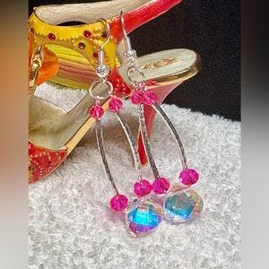 Elegant HOT Pink and Silver Dangle Earrings